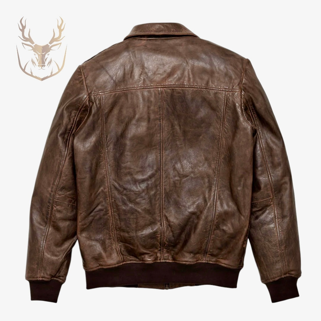 LuxeAura’s Distressed Brown Shearling Leather Bomber Jacket.