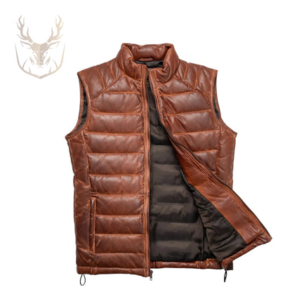 LuxeAura’s Brown Leather Puffer Vest For Men.