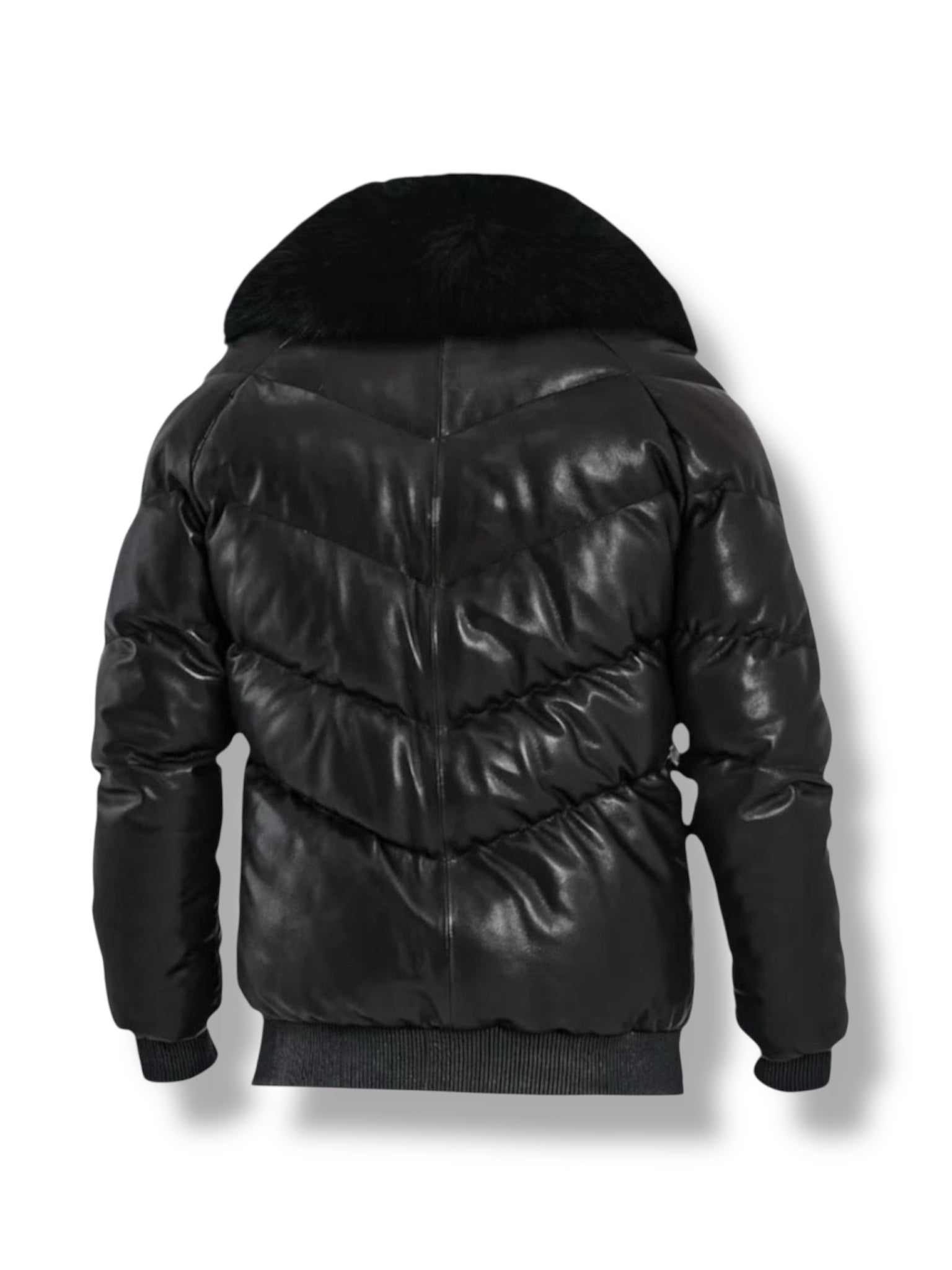Back view of black puffer jacket with fur hood on a white background