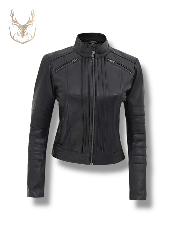 LuxeAura’s Black Slim Fit Leather Jacket For Women.