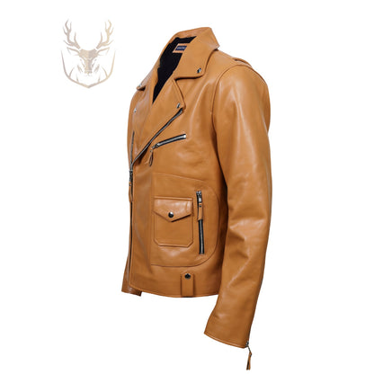 LuxeAura’s Beige Sandstone Biker Leather Jacket For Men.