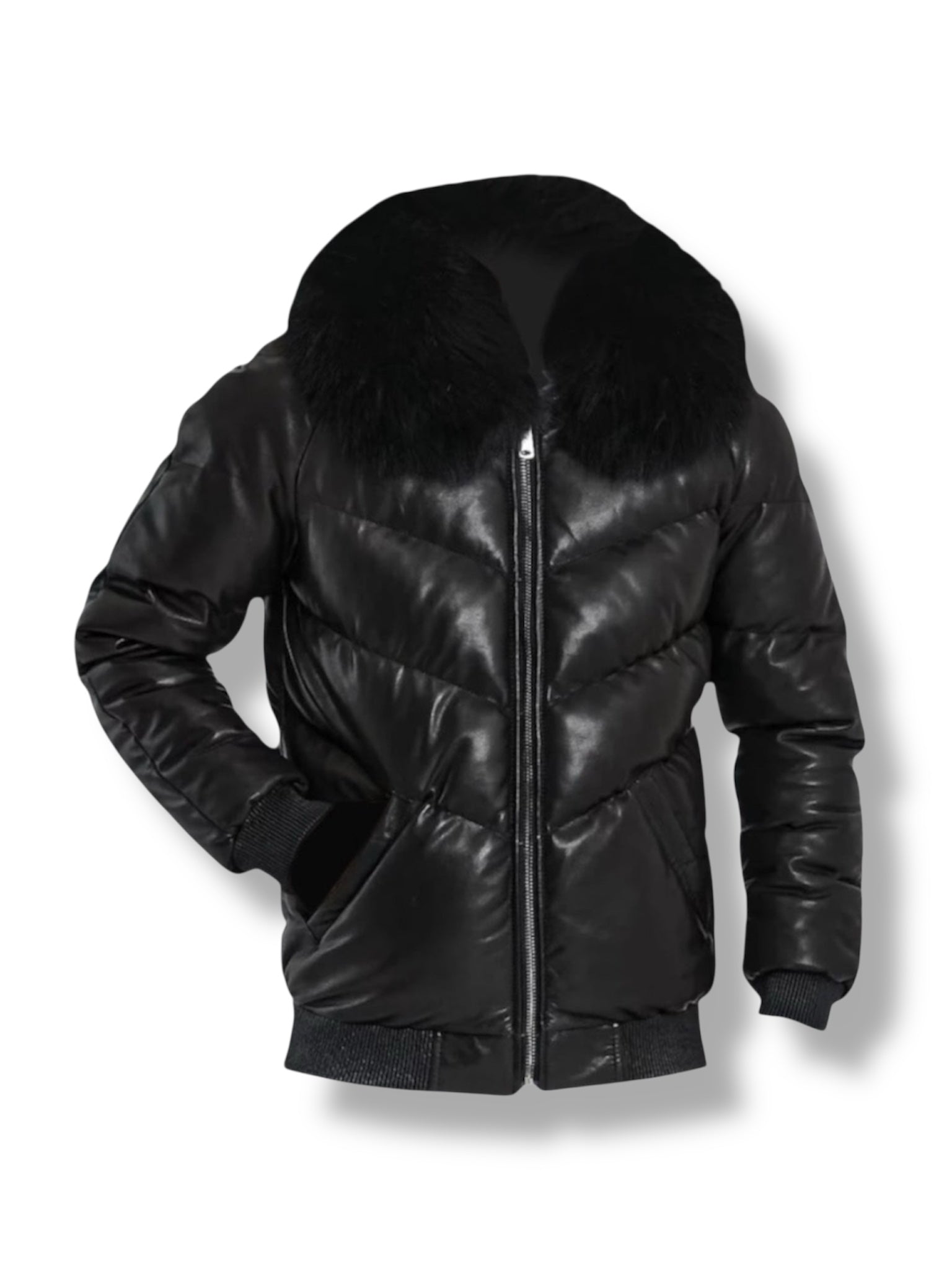 side view of Black leather jacket with fur hood on a white background