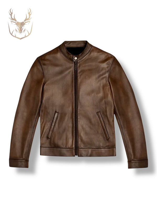 LuxeAura’s Mocha Brown Café Racer Jacket For Men.