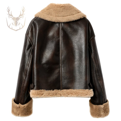 LuxeAura’s Brown Sherpa Shearling Lined Leather Jacket For Women.