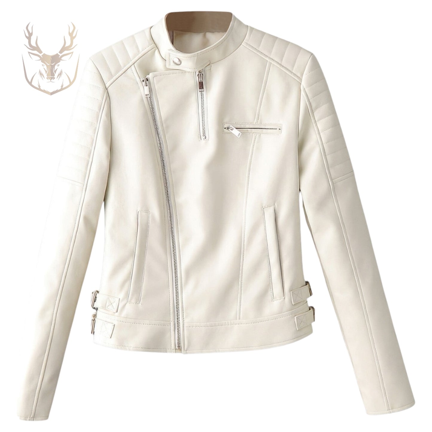 LuxeAura’s White Biker Quilted Shoulders Leather Jacket For Women.