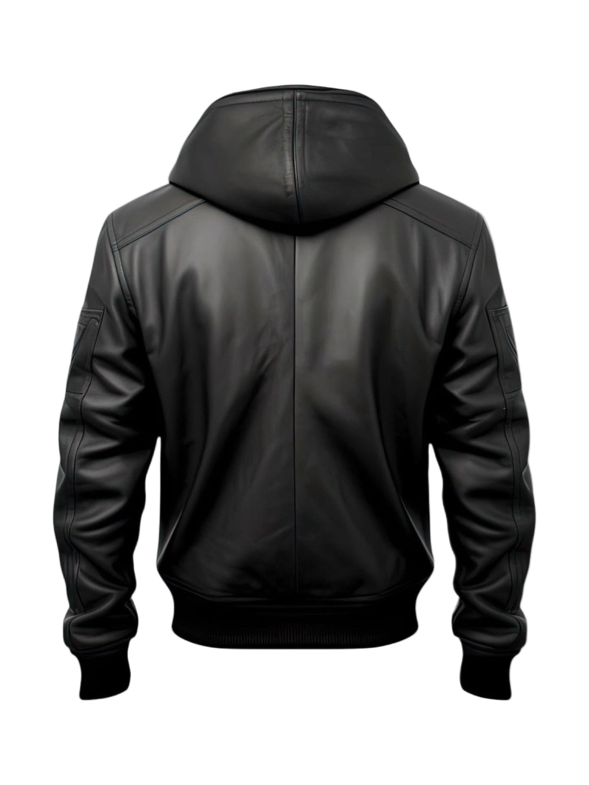 LuxeAura’s Black Hooded Bomber Leather Jacket for men is shown from the back, featuring a hood, long sleeves, ribbed cuffs and waistband, and smooth matte genuine sheepskin leather against a plain white background.
