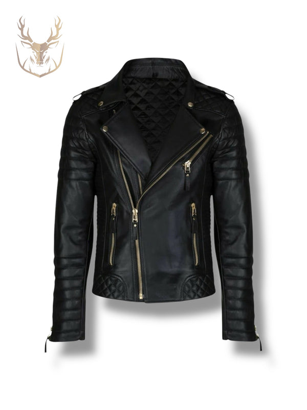 LuxeAura’s Black Biker Leather Jacket For Men.