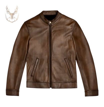 LuxeAura’s Mocha Brown Café Racer Jacket For Men.