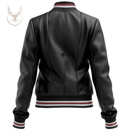 LuxeAura’s Black Baseball Collar Varsity Leather Jacket For Women.