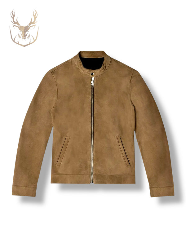 LuxeAura’s Caramel Brown Suede Bomber Jacket For Men.