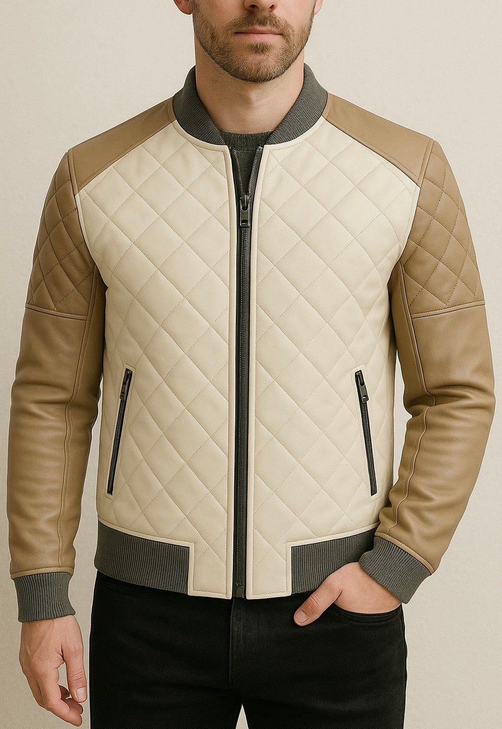 QUILTAN – Beige Quilted Bomber Jacket