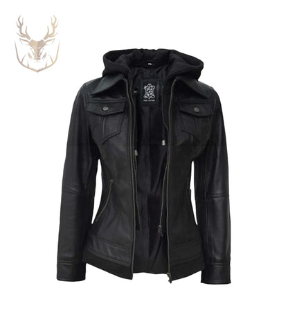 LuxeAura’s Black Leather Jacket With Hood For Women.