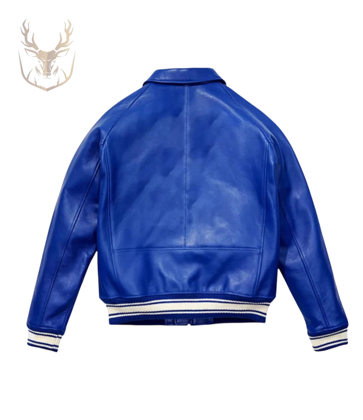 LuxeAura’s Marine Blue Leather Varsity Jacket For Men.