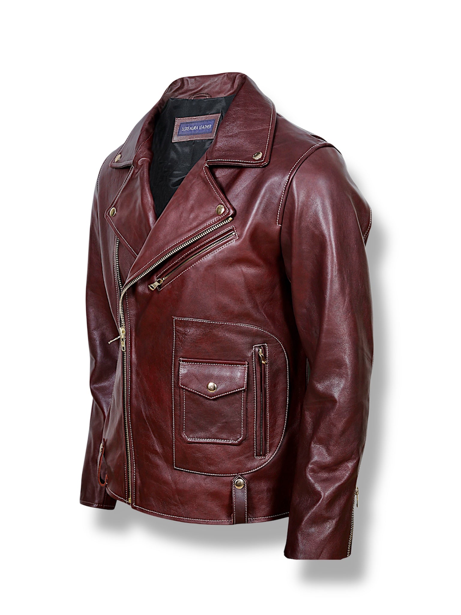 ROUVEN – Maroon Biker Leather Jacket For Men | LUXEAURA