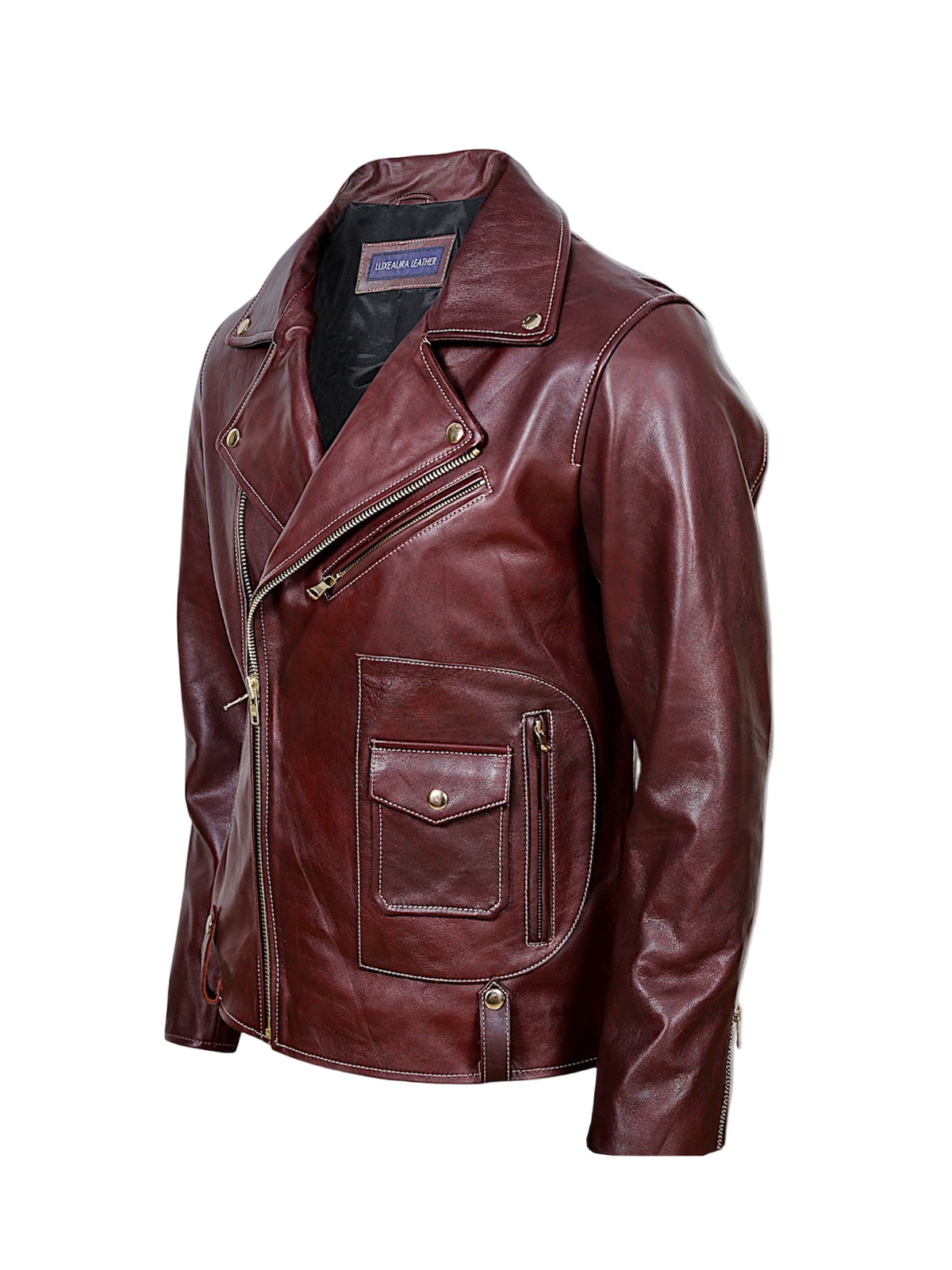 Rouven maroon leather biker jacket for men – side view