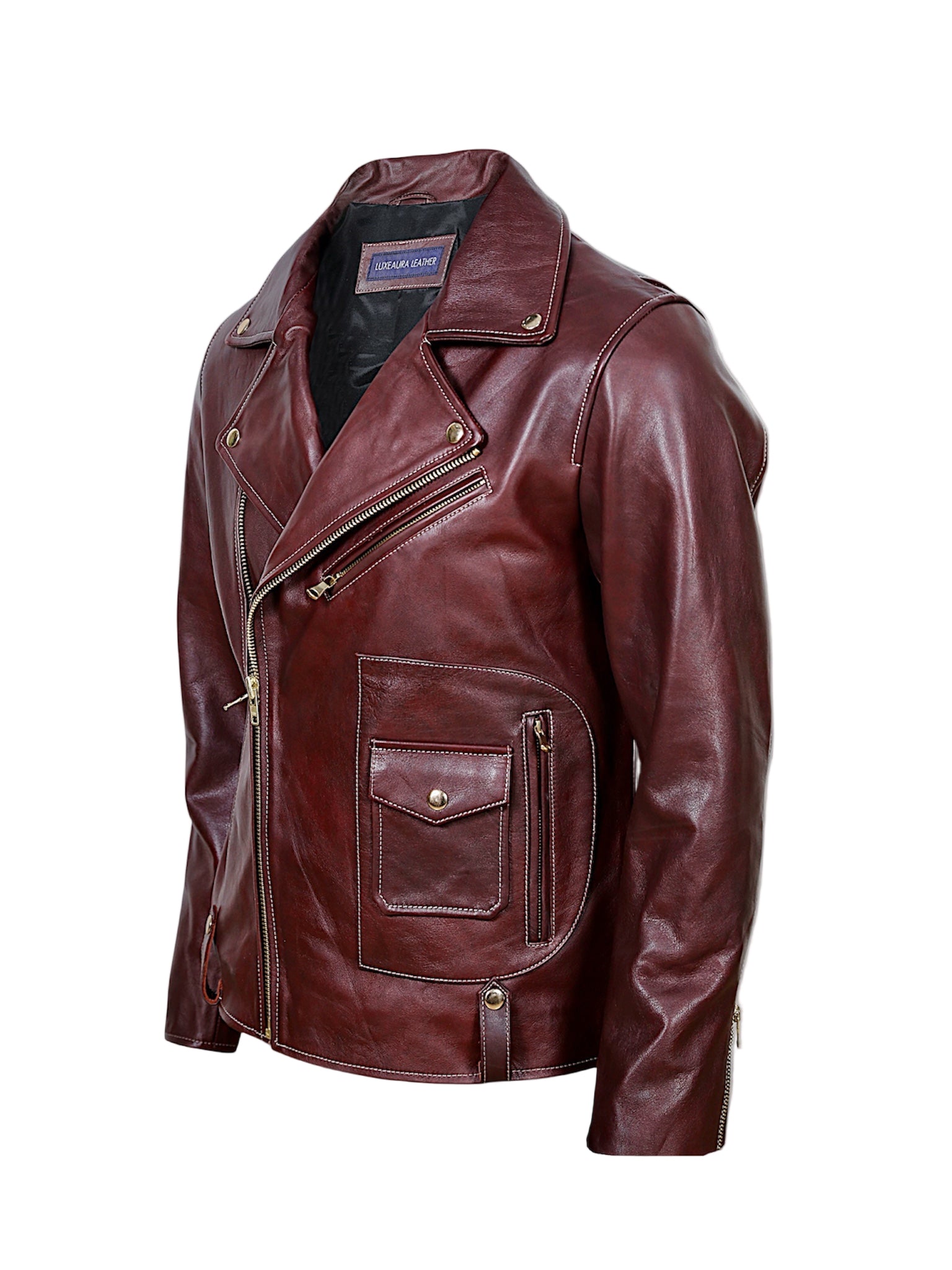Rouven maroon leather biker jacket for men – side view