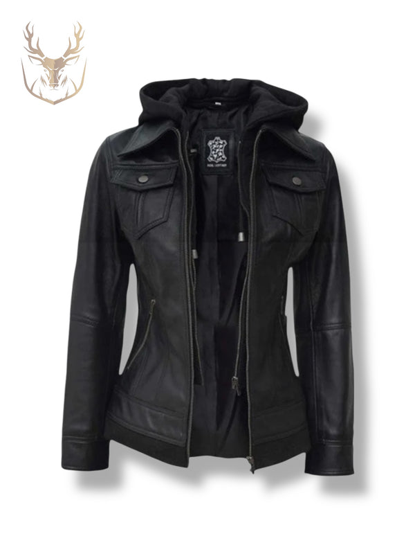 LuxeAura’s Black Leather Jacket With Hood For Women.