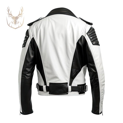 LuxeAura’s White Black Biker Leather Jacket For Men.