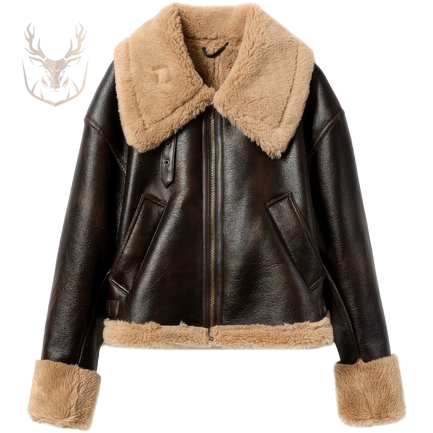 LuxeAura’s Brown Sherpa Shearling Lined Leather Jacket For Women.