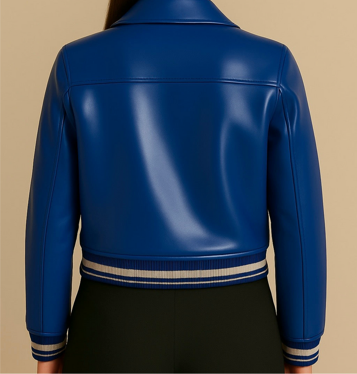 Blue leather jacket with a striped hem on a beige background