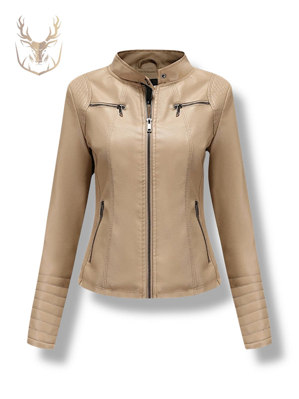 LuxeAura’s Tan Brown Biker Leather Jacket For Women.