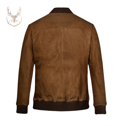 LuxeAura’s Camel Brown Suede Bomber Jacket For Men.