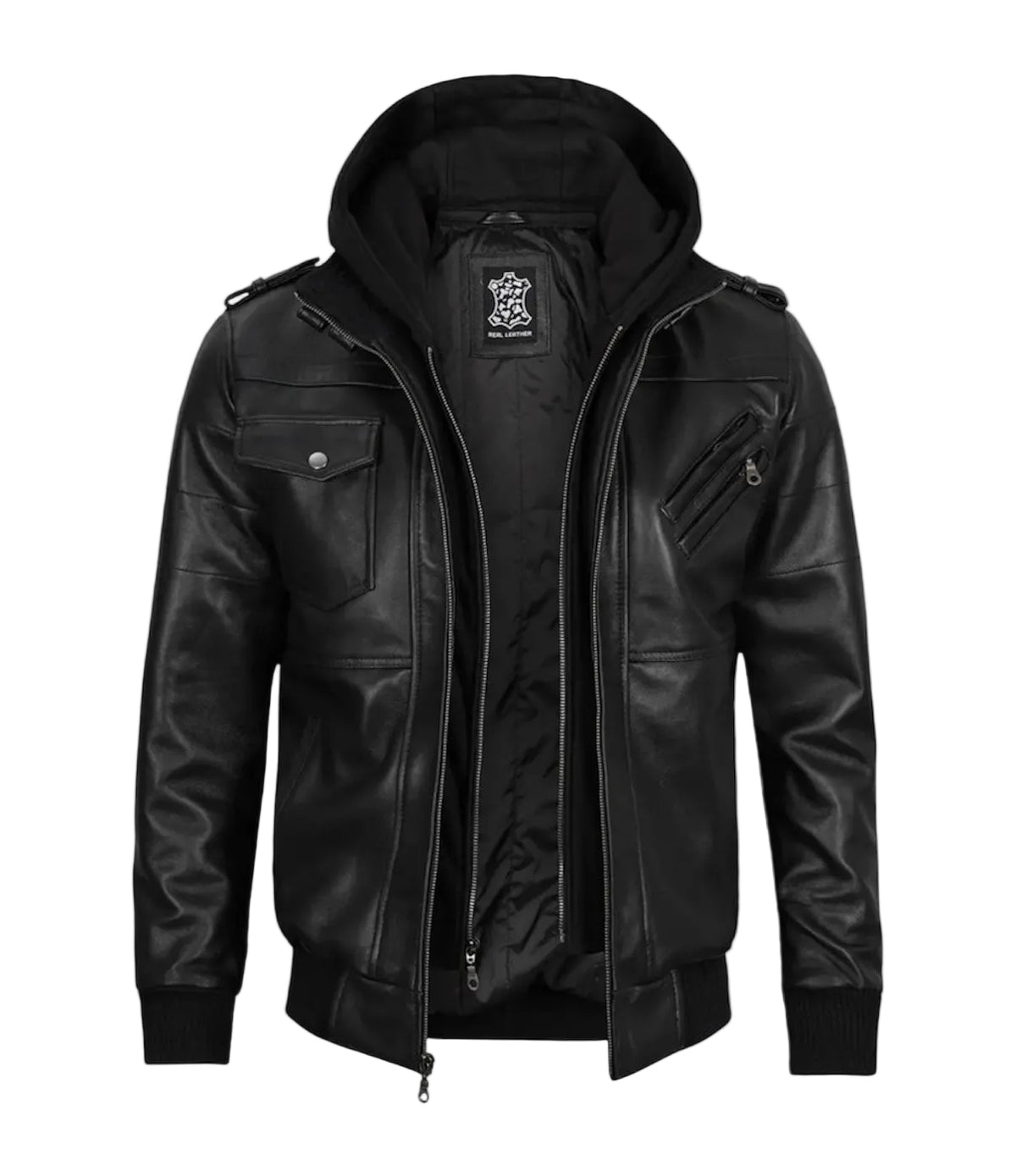 LuxeAura’s Hooded Black Bomber Leather Jacket For Men.