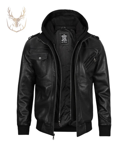 LuxeAura’s Hooded Black Bomber Leather Jacket For Men.