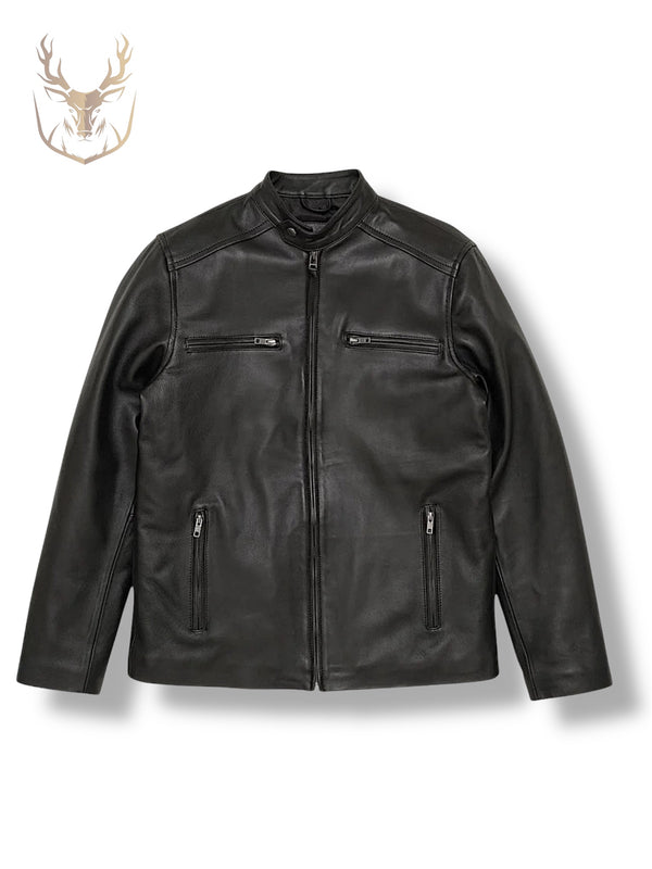 LuxeAura’s Cafe Racer Black Leather Jacket For Men.