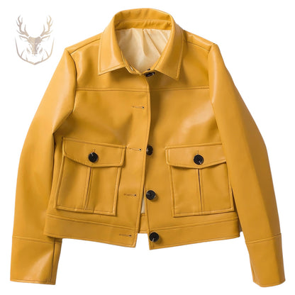 LuxeAura’s Mustard Single Breasted Leather Jacket For Women.