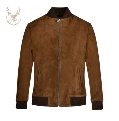 LuxeAura’s Camel Brown Suede Bomber Jacket For Men.