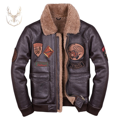 LuxeAura's Brown A2 Aviator Shearling Air Force Leather Jacket For Men.