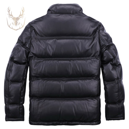 LuxeAura’s Black Polo Neck Puffer Leather Jacket For Men.