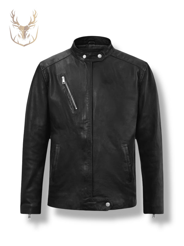 LuxeAura’s Black Drifter Leather Jacket For Men.