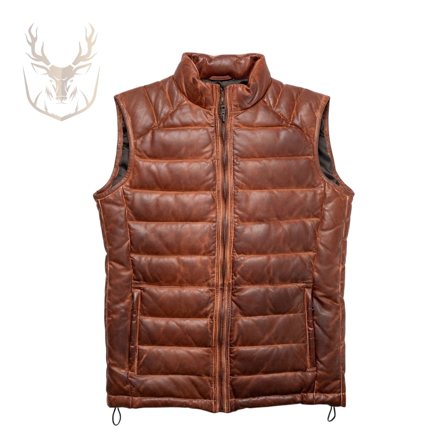 LuxeAura’s Brown Leather Puffer Vest For Men.