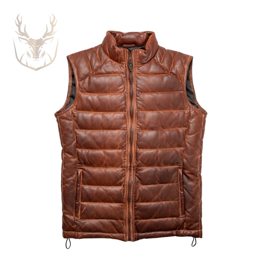 LuxeAura’s Brown Leather Puffer Vest For Men.