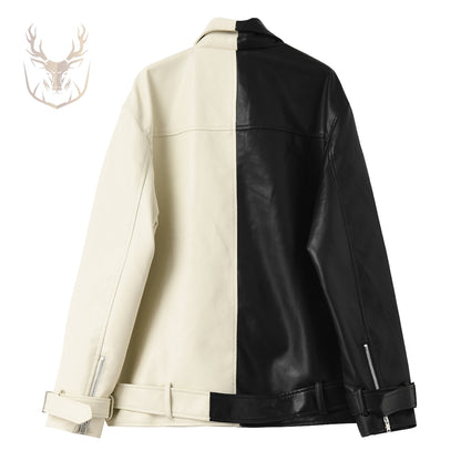 LuxeAura’s Black & Beige Biker Leather Jacket For Women.