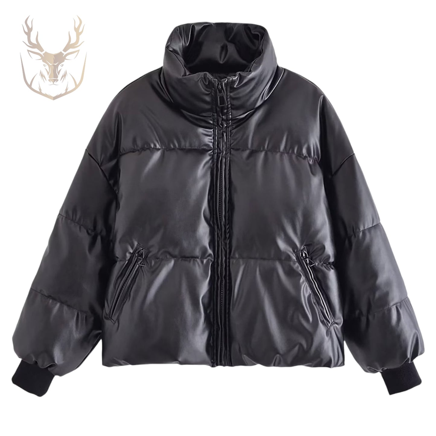 LuxeAura’s Black Padded Puffer Leather Jacket For Women.