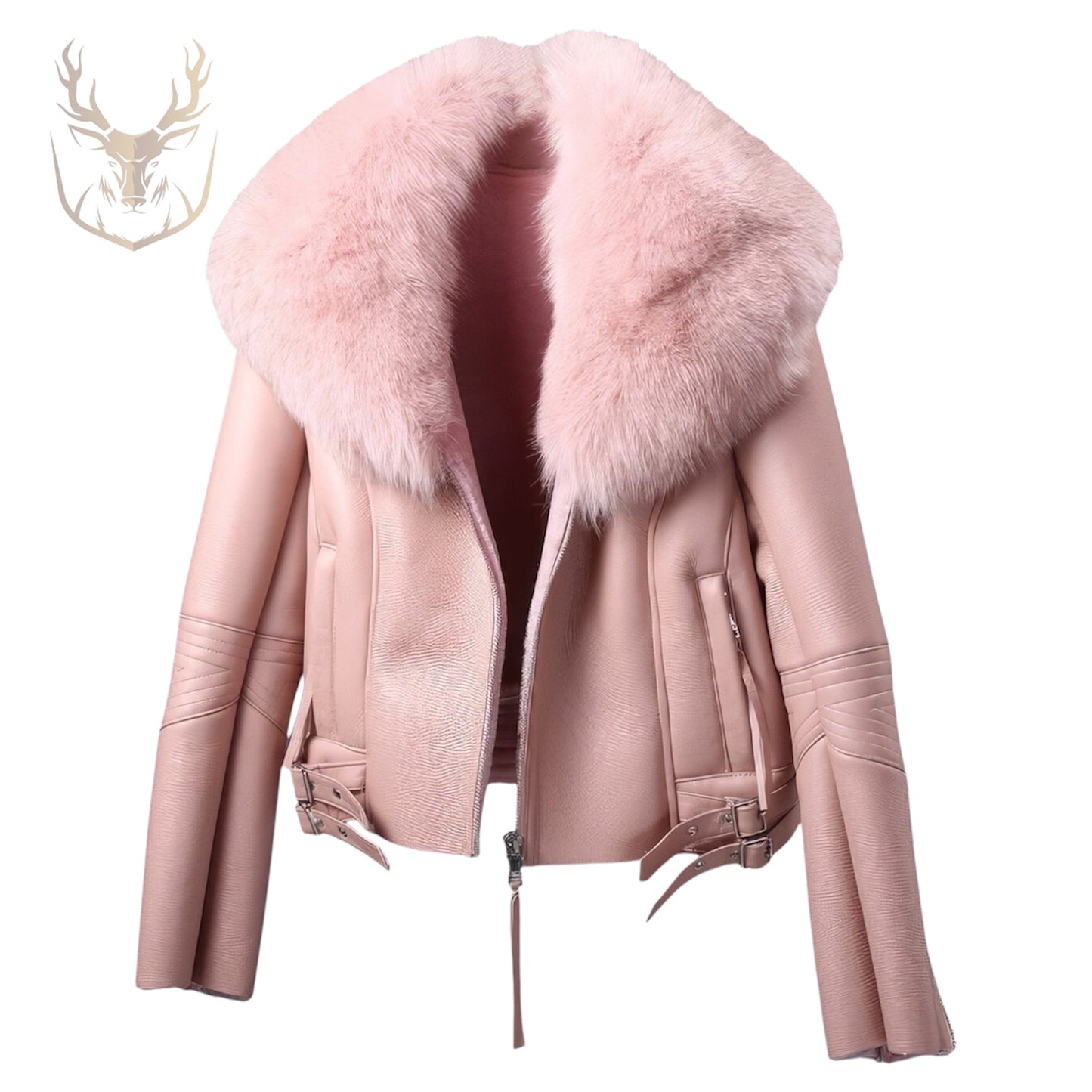 LuxeAura’s Pink Fur Collar Leather Jacket For Women.