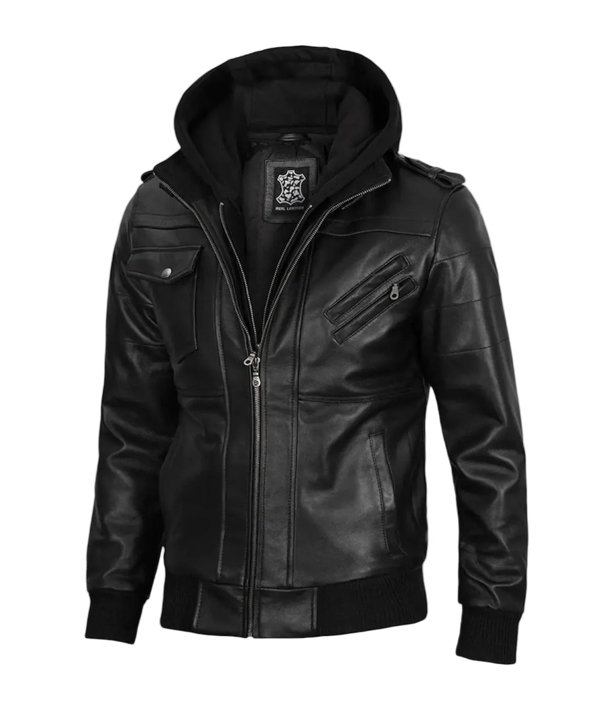 COWL - Black Hooded Bomber Leather Jacket