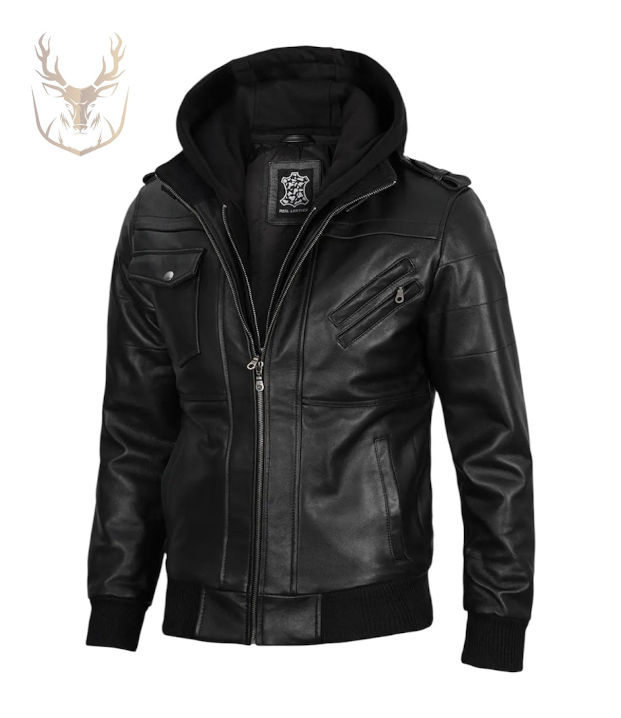 LuxeAura’s Hooded Black Bomber Leather Jacket For Men.