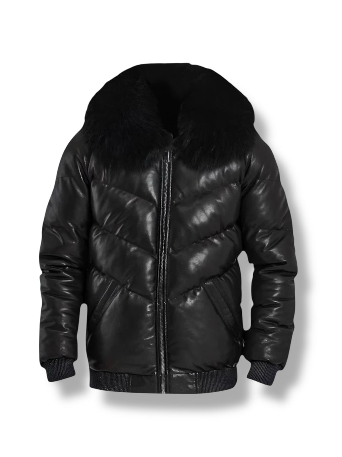 front view of Black puffer jacket with fur hood on a white background