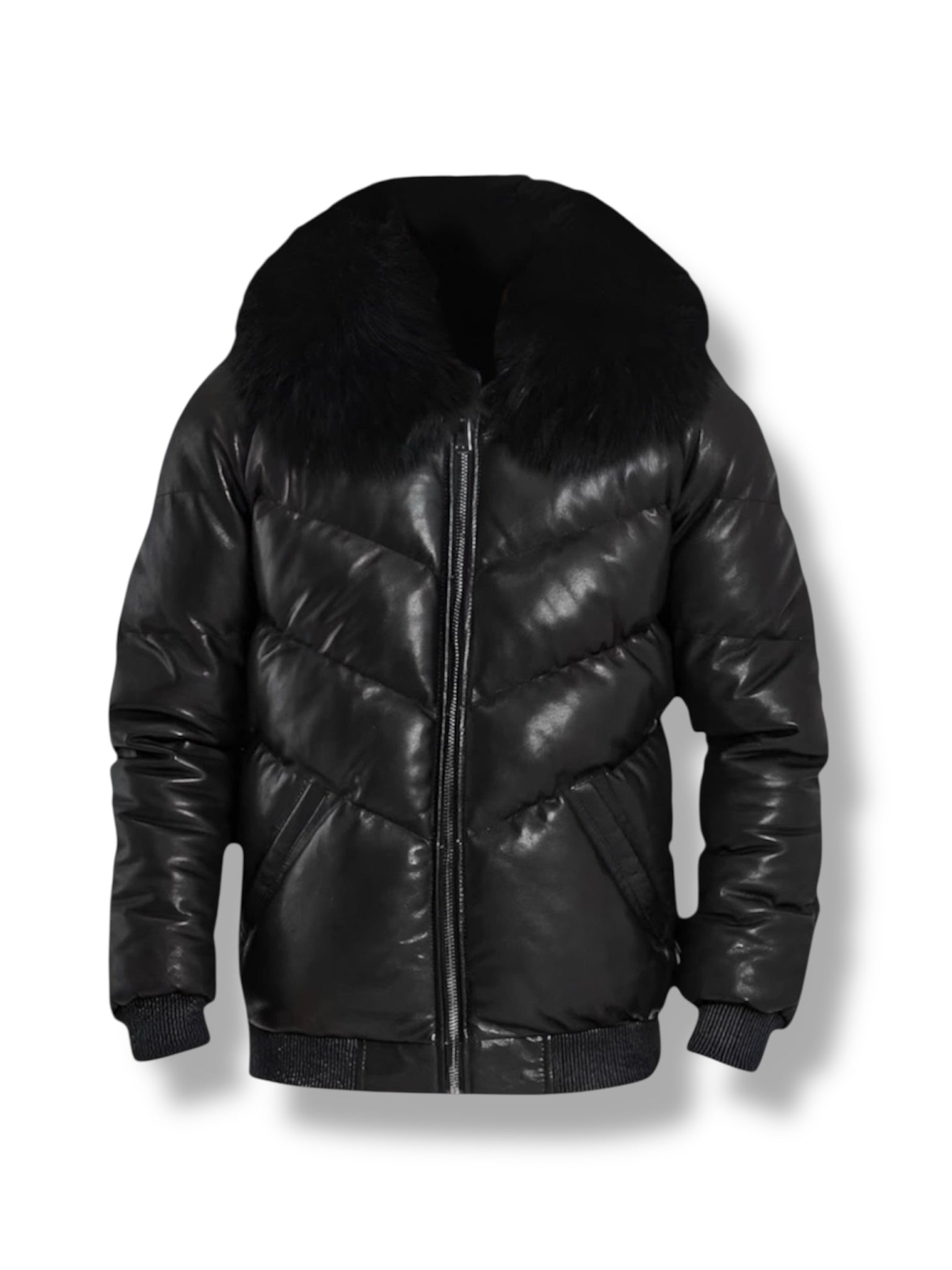 front view of Black puffer jacket with fur hood on a white background