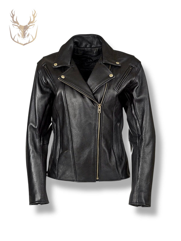 LuxeAura’s Black Motorbike Leather Jacket For Women.