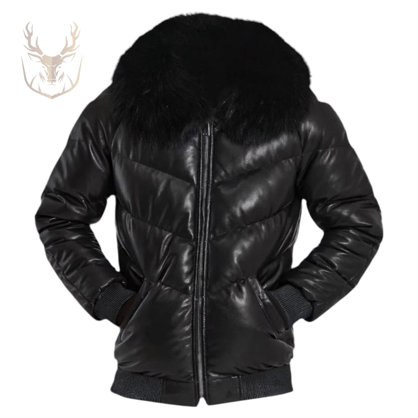 LuxeAura’s Black Quilted Fur Puffer Jacket For Men.