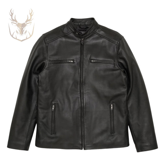 LuxeAura’s Cafe Racer Black Leather Jacket For Men.