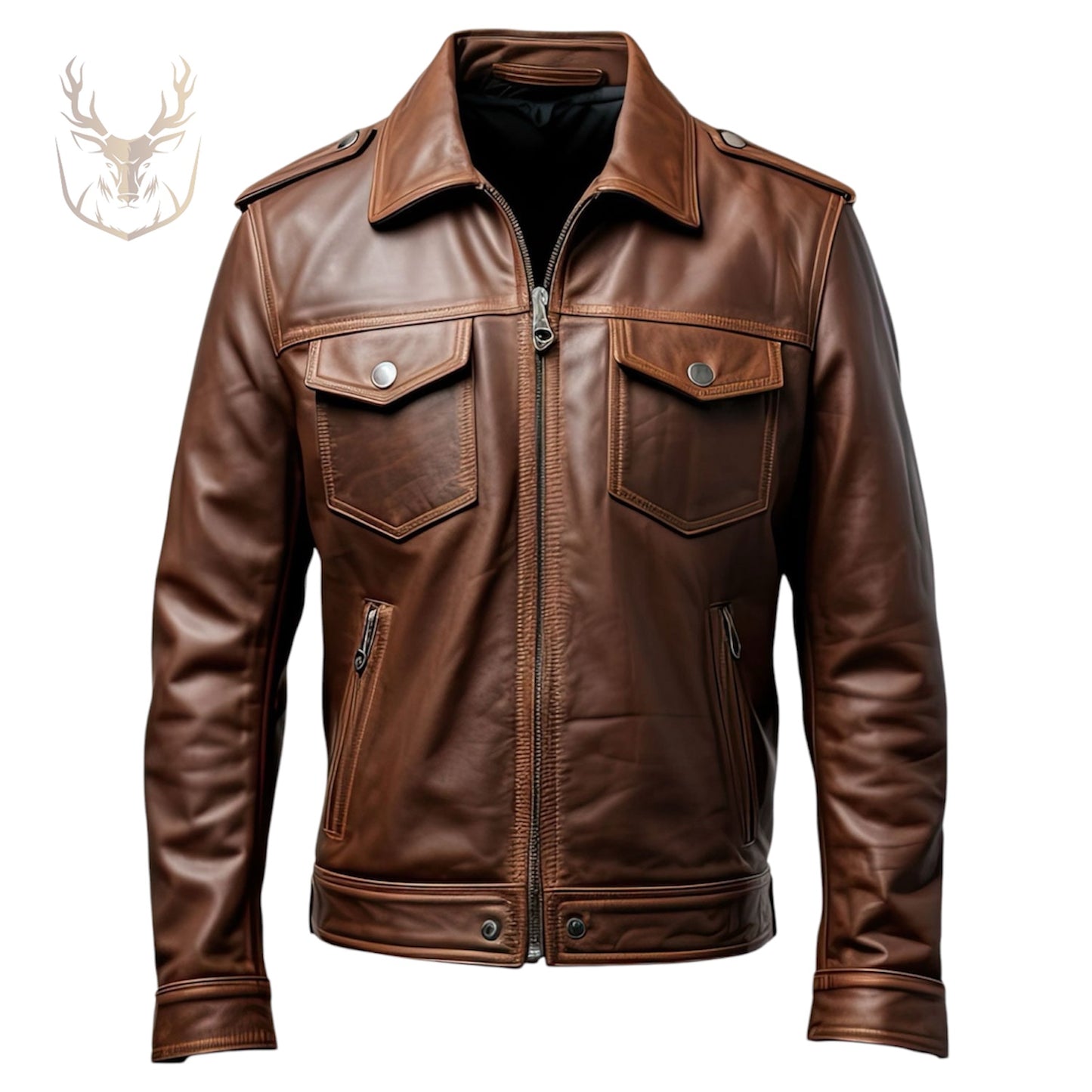 LuxeAura’s Dark Brown Trucker Leather Jacket For Men.