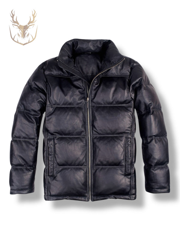 LuxeAura’s Black Polo Neck Puffer Leather Jacket For Men.