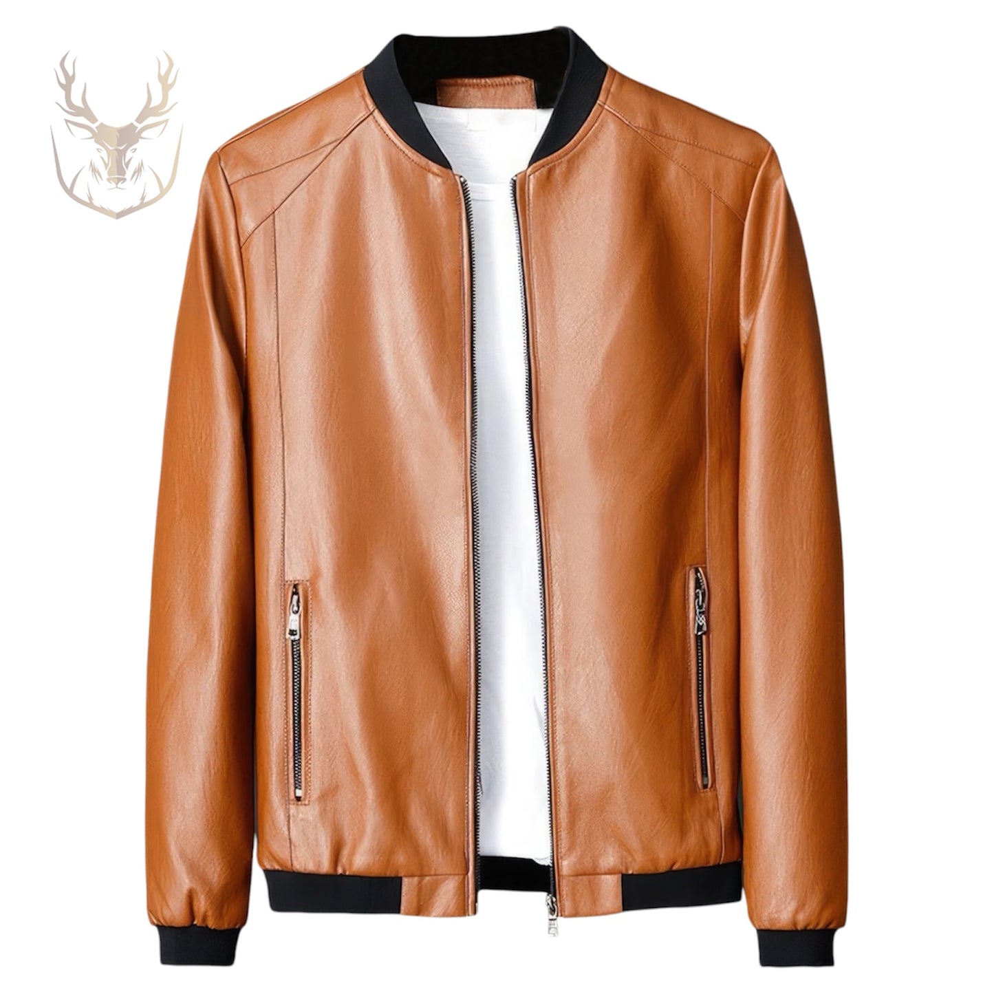 LuxeAura’s Tan Brown Bomber Leather Jacket For Mens.