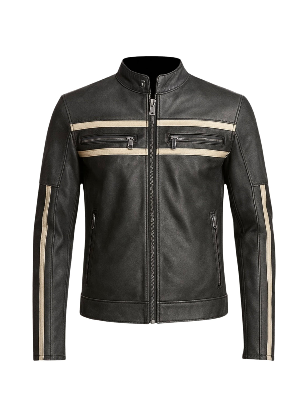 The SPAR Vintage Striped Racer Leather Jacket features a black leather design, beige stripes on the chest and sleeves, a front zipper, and zippered chest and side pockets.